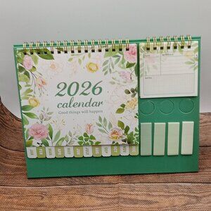 Desktop CALENDAR Small Flip Cardboard Desk SET w/Notes Sticker Tabs GREEN FLORAL